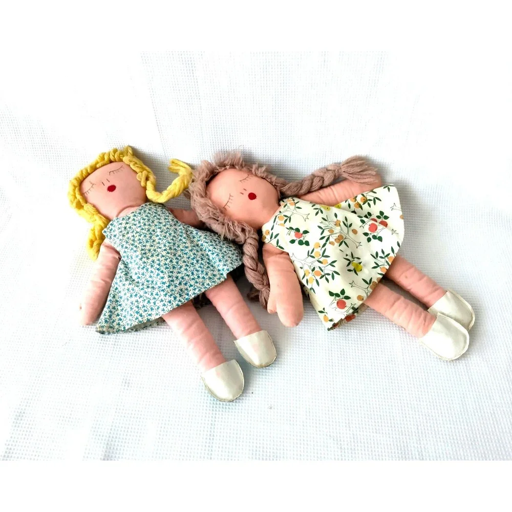 Charming Vintage 1960s Pair of Folk Art Reversible Happy/Sleepy Face Cloth Dolls